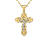 10K Yellow and White Gold Cross Crucifix with Scrolled Tips Pendant Necklace with Chain